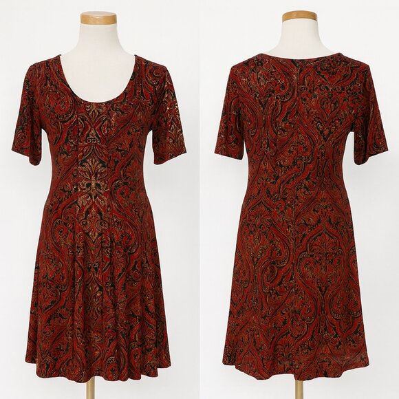 Sami & Jo Red & Gold Paisley Mini Dress Vibrant, Flattering Fit, Size L Holiday - Picture 1 of 6